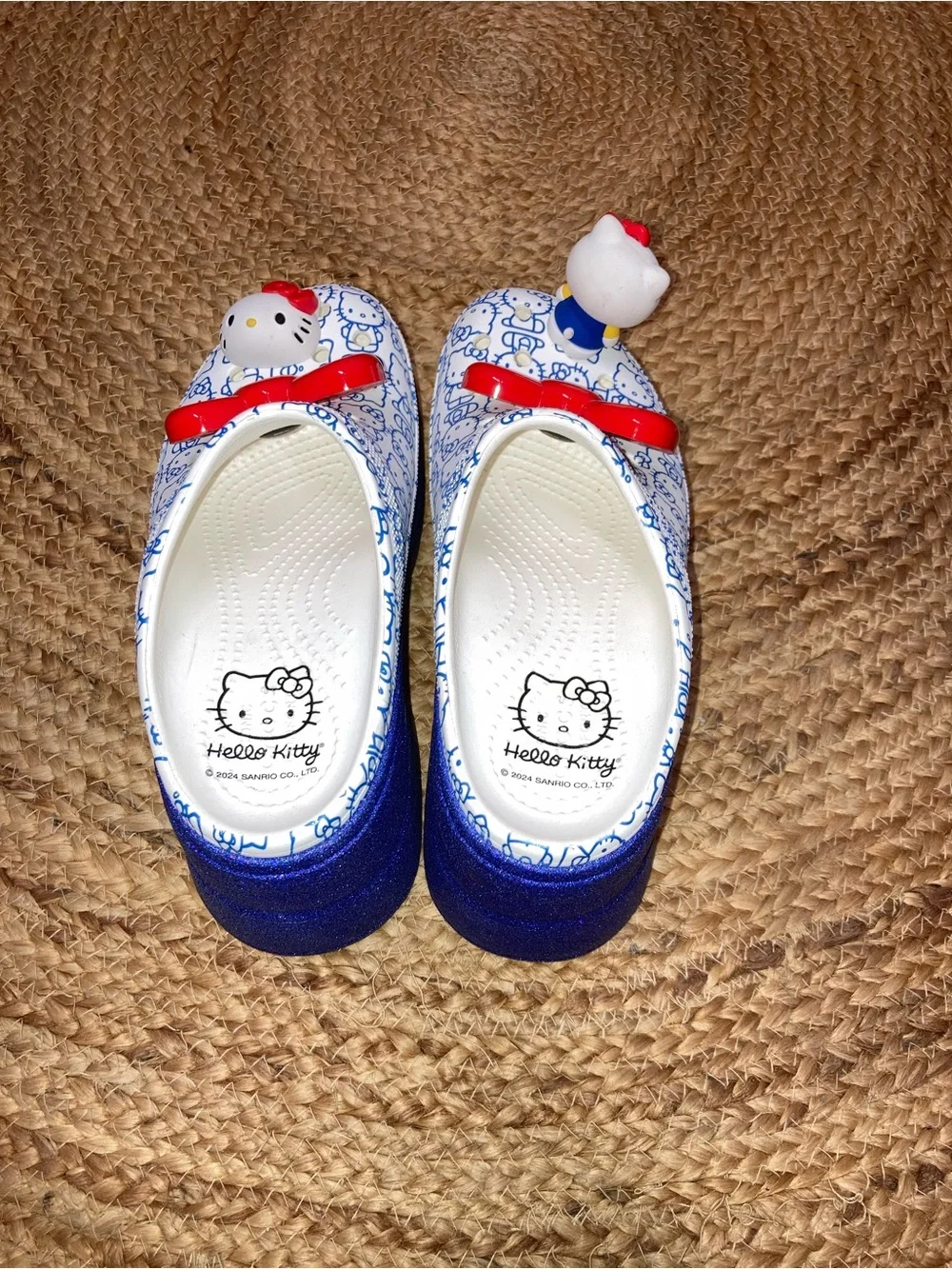 CROCS White & Blue Hello Kitty Platform Clogs with Red Bow Charm